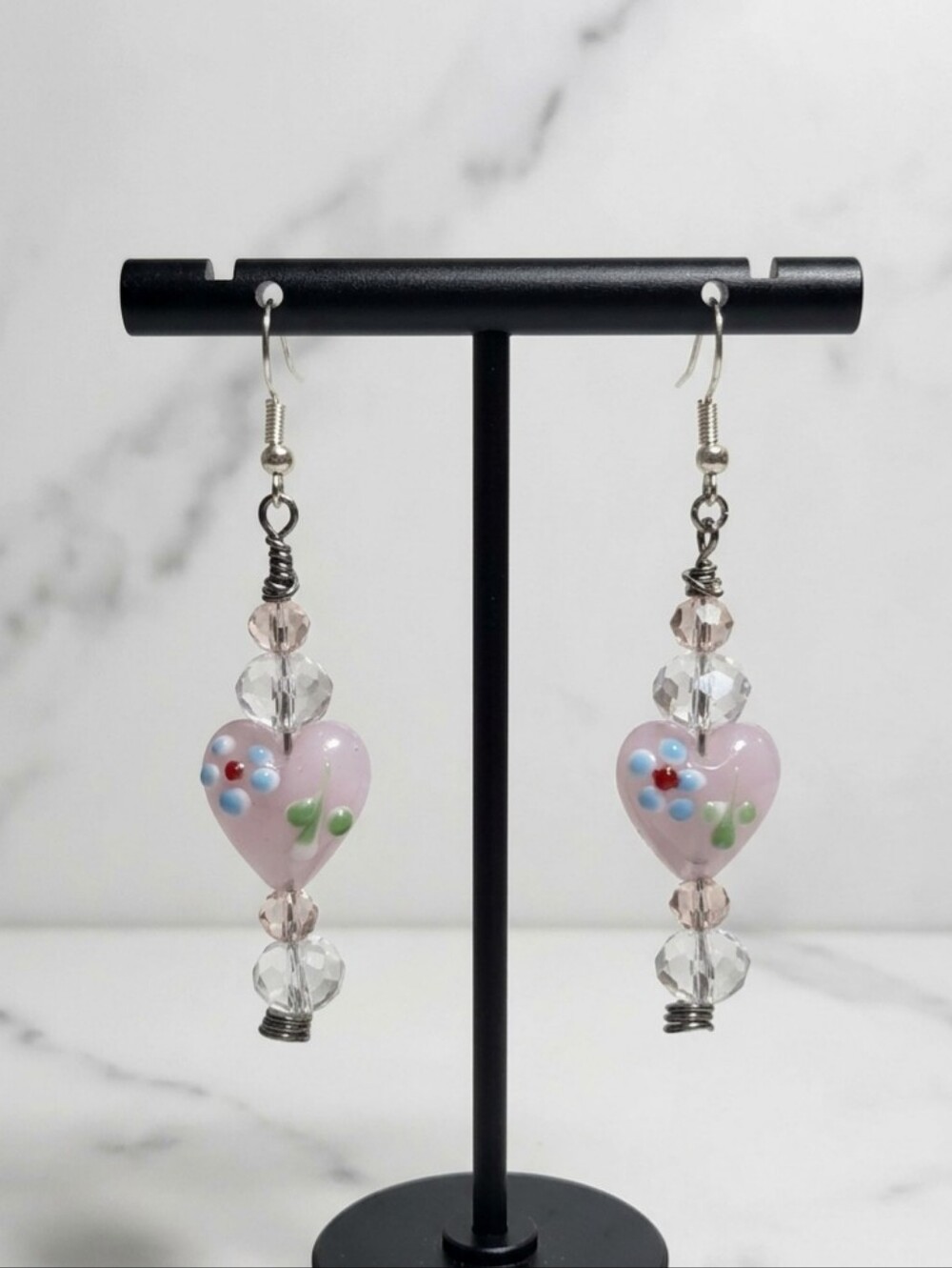 Cottagecore Pink Glass Heart Drop Earrings w/ Crystal Beads | Sensitive Ears